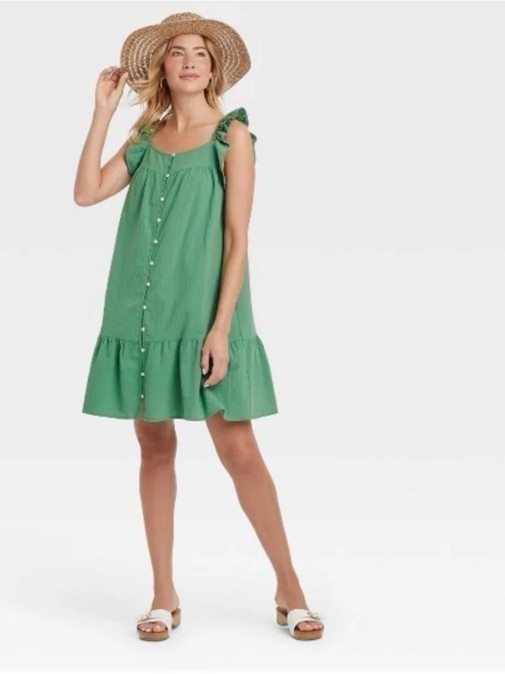 Universal Thread Green Ruffle-Shoulder Button-Front Midi Dress